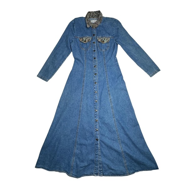 Paris Blues Dresses & Skirts - Vintage Paris Blues Denim Maxi Dress Paisley Trim Western Button Front USA 7